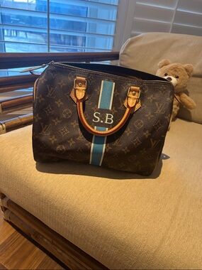Louis Vuitton Monogram Speedy with Light Blue Stripe and Natural Leather